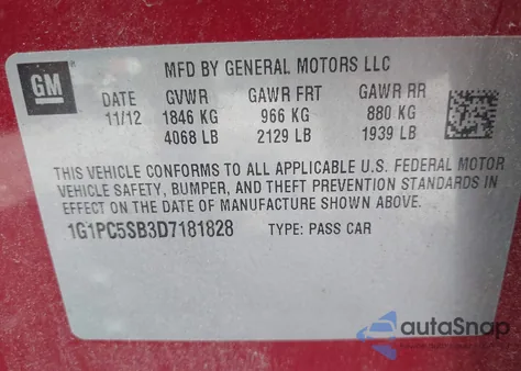 2013 Chevrolet Cruze 1Lt Auto z USA, uszkodzony, nr VIN 1G1PC5SB3D7181828